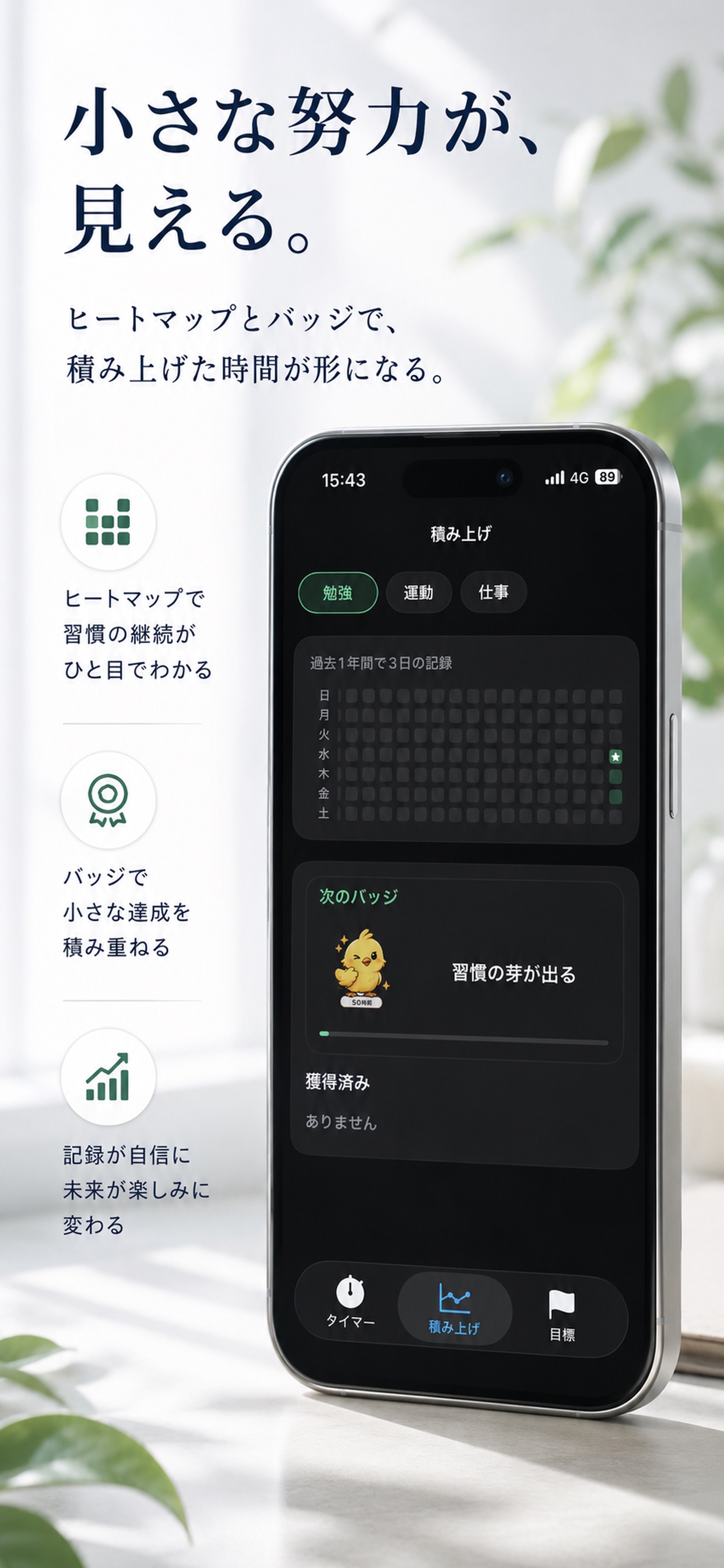ヒートマップとバッジで積み上げを確認する画面